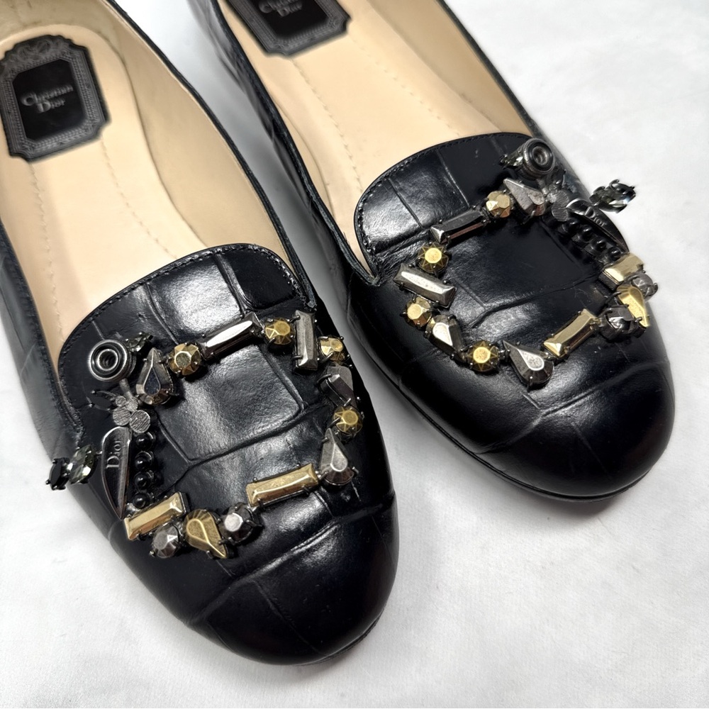 Christian Dior Tresor Croc Crystal Charm Embellished Leather Loafer Flats Black